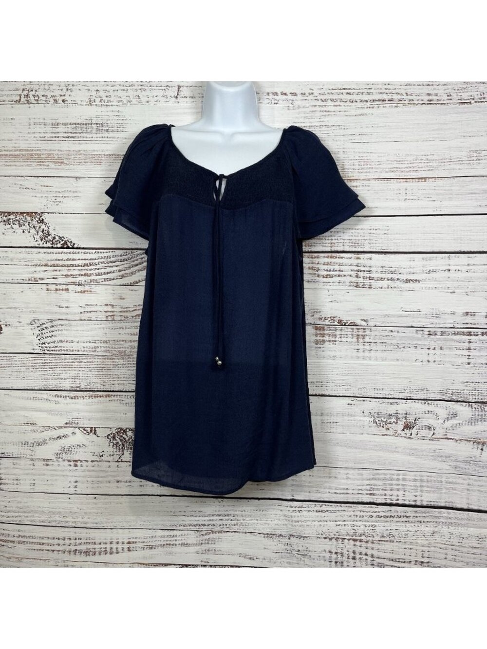 Westport Blue V Neck Tie Sheer Short Sleeve Top